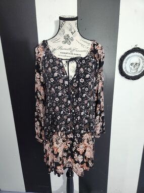 Free People Black and Peach Floral Long Sleeve Tunic Dress